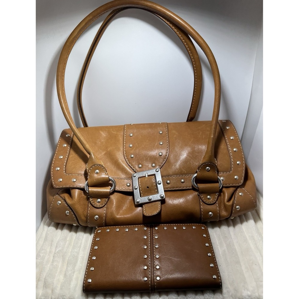 Michael Kors Vintage Astor Leather Purse & Wallet set Caramel Colored w. Silver